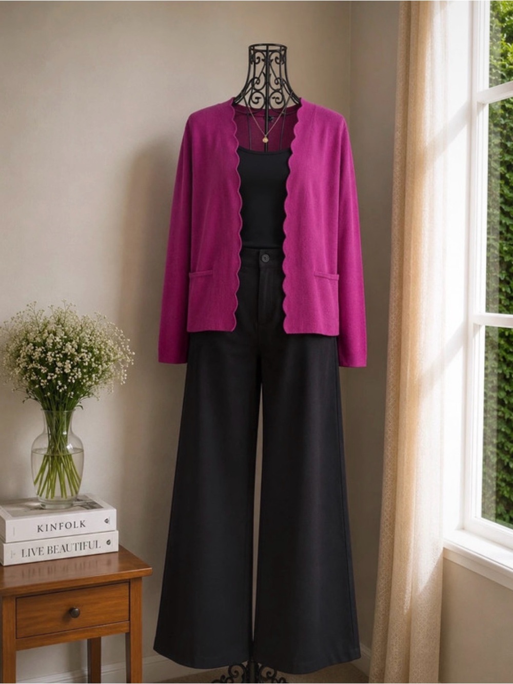 Talbots Magenta Scalloped-Edge Cardigan Merino wool